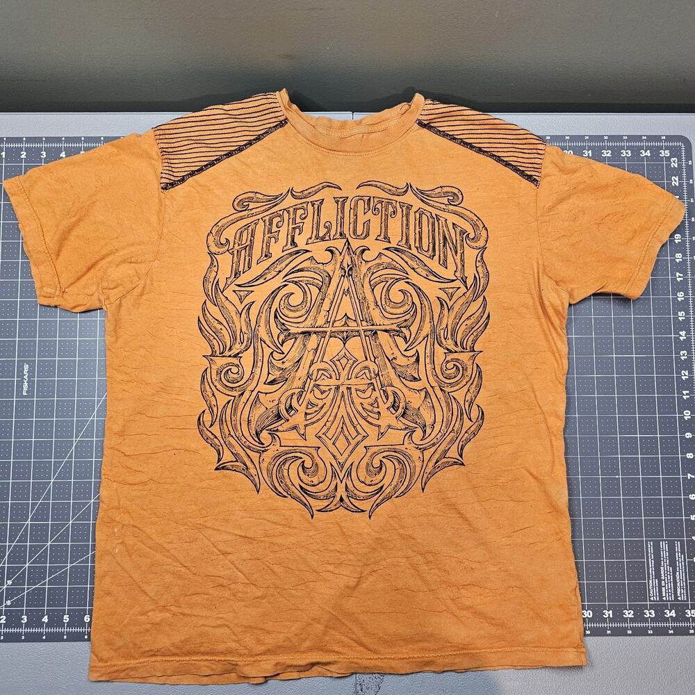 Affliction Tshirt Mens XXL Orange Fleur De Lis Biker Skull MMA Gothic Couture